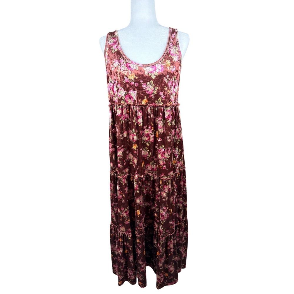Natural Life Womens Burgundy Floral Velvet Tiered Maxi‎ Dress Sleeveless Medium